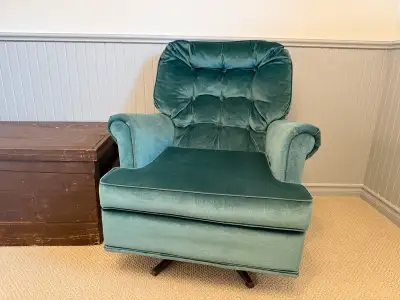 Vintage mid-century velvety green swivel rocking chai, View more