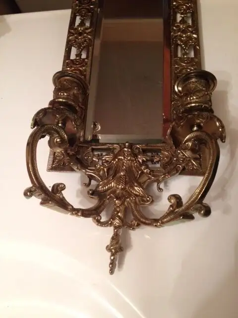 PAIR Antique Brass 'Dolphin' Mirrored Wall Sconces - 2 Feet High62863260489218124