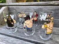 Vintage 1990 WWF Drink Glass Set Wrestling Hogan Warrior Savage