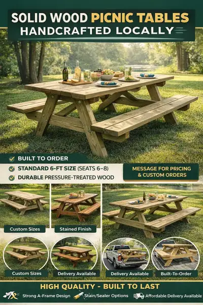 Solid Wood Picnic Tables – Built to Order (6ft / Custom Sizes), View more