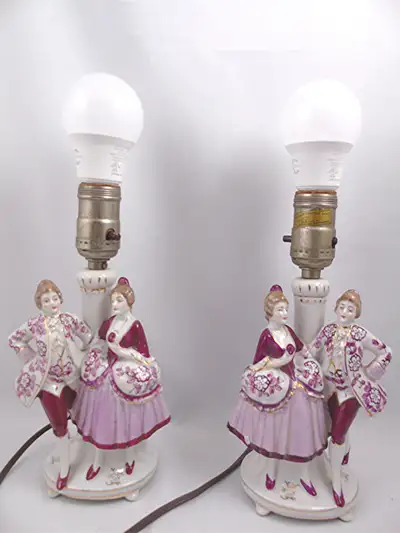 Vintage 2 Porcelain Victorian Couple Lamps Working, View more