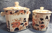 Pair Wedgwood Tunstall Old Castle Blue Orange Lidded Cache Pots!