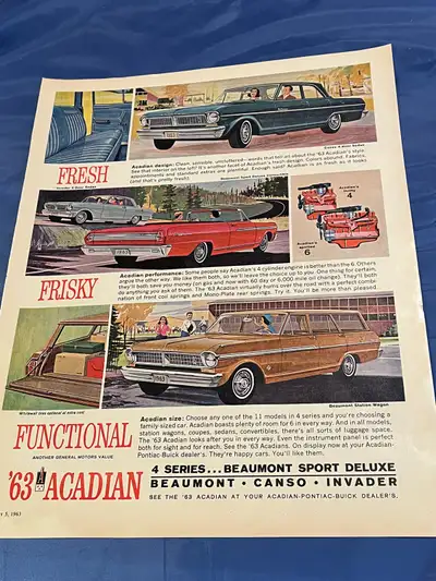 1963 GM Acadian Beaumont, Canso, Invader Original Ad Size: 10-1/2" X13-1/2" Canso 4-Door Sedan Invad...