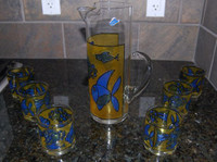 West Virginia Stained Glass Glazed Tumblers and Pitcher