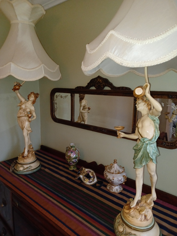 Pair of L and F Moreau art nouveau spelter table lamps. in Indoor Lighting & Fans in Chatham-Kent - Image 2