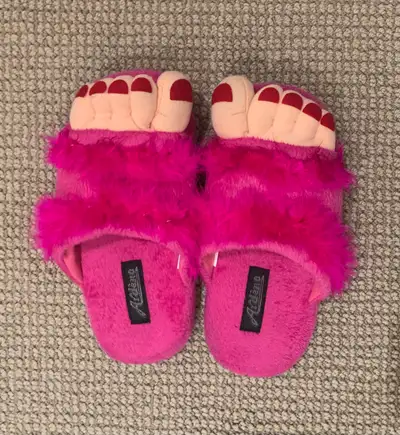 Funny pink fluffy slippers with toes costume, View more