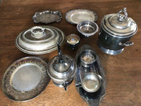 Silver plate: 4 piece tea set, 13 pieces plate, chrome fish set