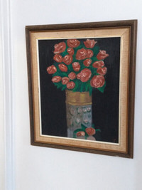 Framed Red Roses Bouquet Painting - acrylic