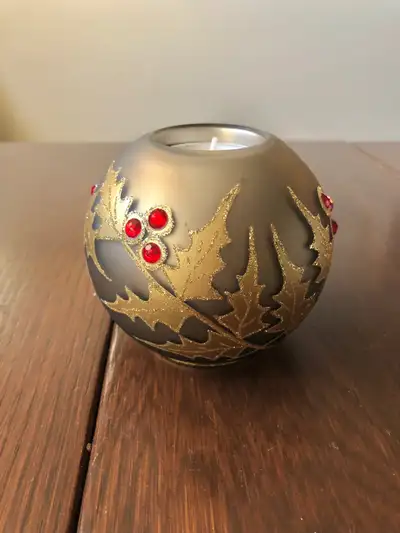 Polish Christmas Tea Light Gold Glass Holly Candle Decoration , View more