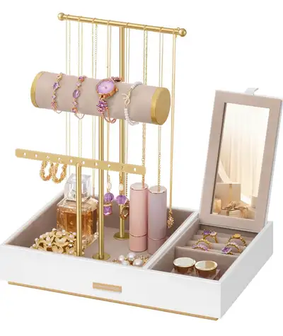 ✨ SONGMICS Jewelry Display Stand with Mirror – White + Gold Organize, display, and protect your jewe...