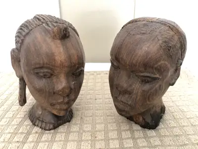 Pair of 1960-1970's Hand Carved 5" High Wooden Bust of African W, View more