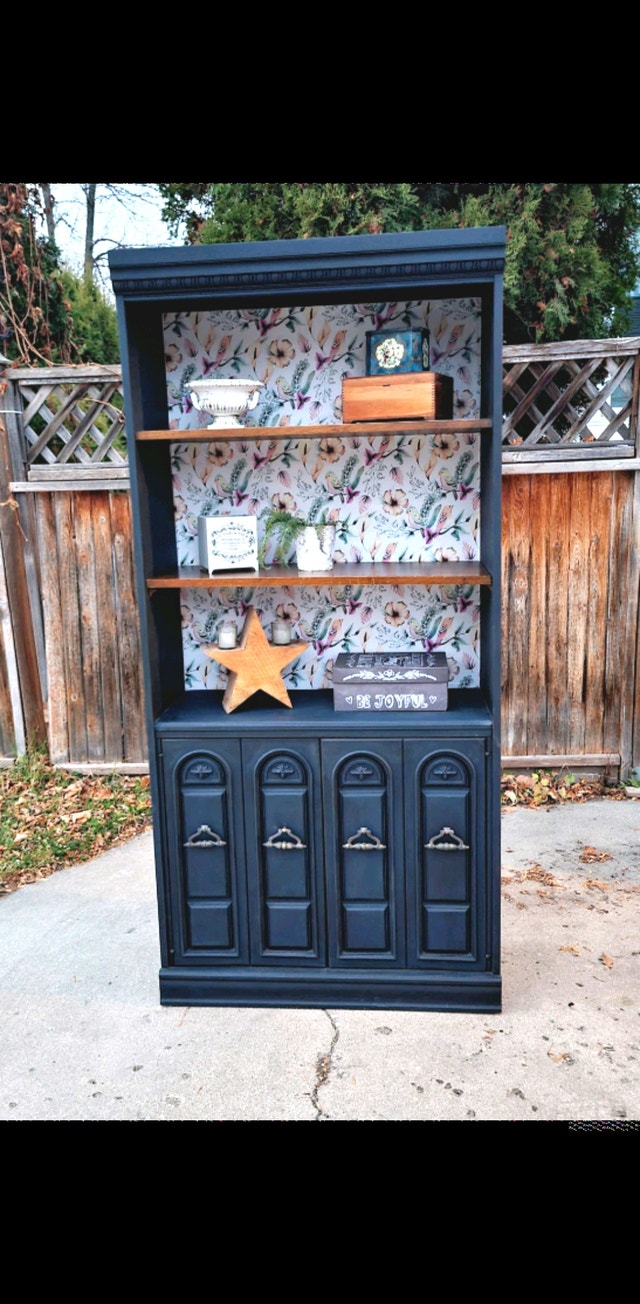 Beautiful Hutch Coffee Bar Display Navy Blue Refinished Style Hutches