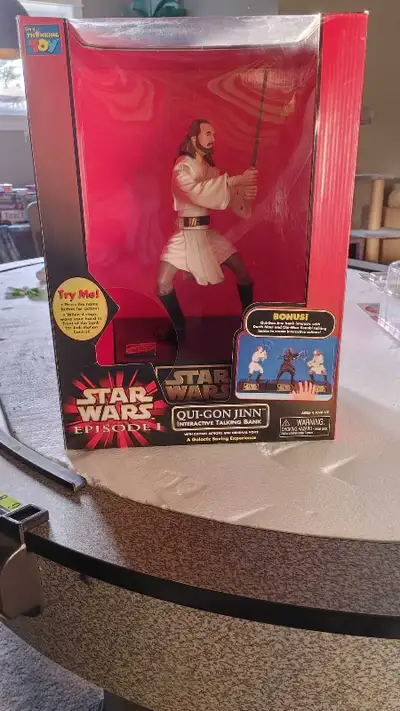 Vtg 1999 Star Wars Episode 1 Qui-Gon Jinn Figure ThinkWay Interactive Talking Bank. Worked well befo...