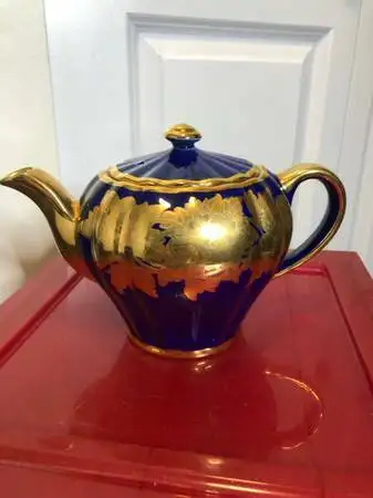 Sudlow's Burslem Teapot~Made in England~Gold Cobalt Blue~Signed, View more
