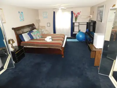 Large 20x14 furnished room for assisted living with private ensuite bath, shared kitchen and yard Fu...