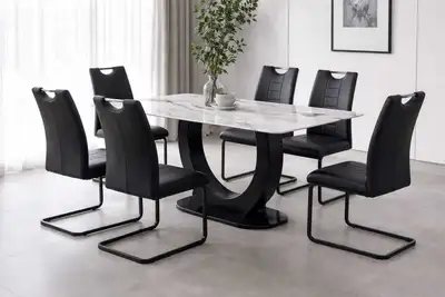 White Marble Dining Table with Black Base & Black Leather Chairs, View more