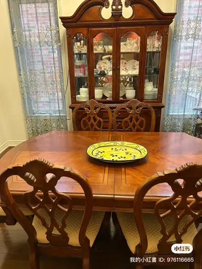 Solid wood dining table with 6 chairs and extendable leaf, View more