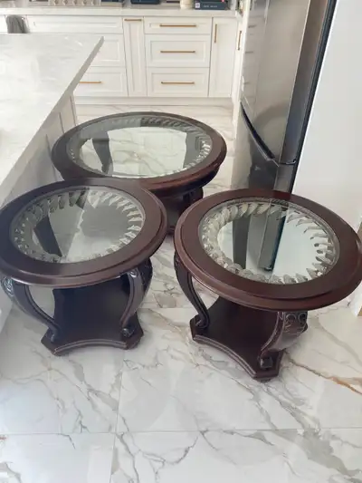 Round, Glass & Wood 3-Piece Coffee Table Set, View more