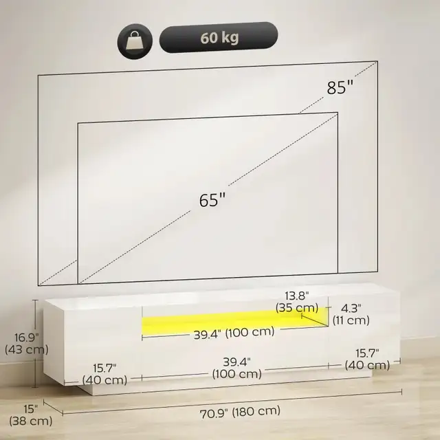 Entertainment Center with RGB LED Lights, TV Stand for 65-85 Inc in TV Tables & Entertainment Units in Markham / York Region - Image 3