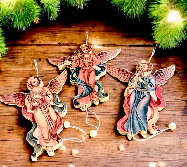 5" tall wooden pull toy Christmas decoration VINTAGE angels62864743803650125