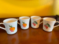4 Vintage White Fruit Corning Ware Coffee Tea Mugs Cherry Apple