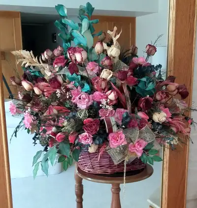 Rose Arrangemet (dried and silk) in  wicker basket, View more