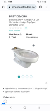 American Standard Baby Devoro round front toilet bowl. New