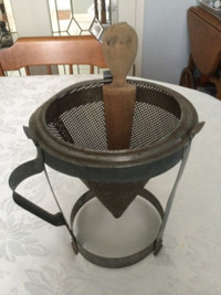 VINTAGE CONE SHAPED COLANDER ON STAND WITH PESTLE