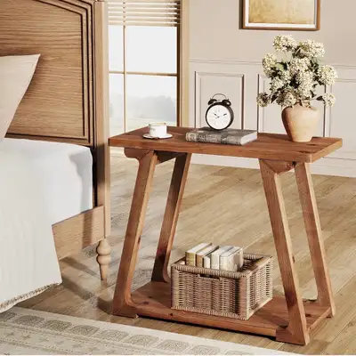 Solid Wood Side Table – A-Frame Accent End Table with Shelf, View more