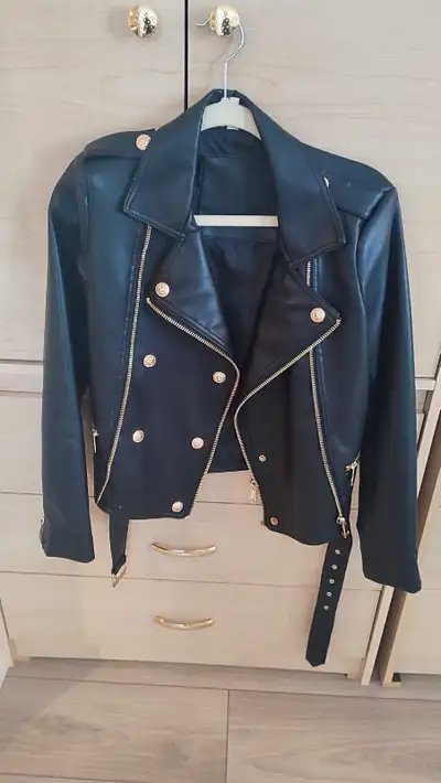 Women's Black Faux Leather Biker Jacket - Size S, View more