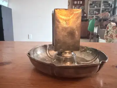 Vintage silver-plated ashtray collectible, View more