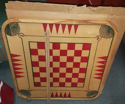 1960s solid wood Carrom multi game board. Board in great shape. Has poles. Original box. Needs game...