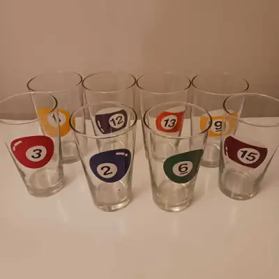 These are a set of eight vintage 16 oz billiard ball glasses, perfect for a game room or bar. Each g...
