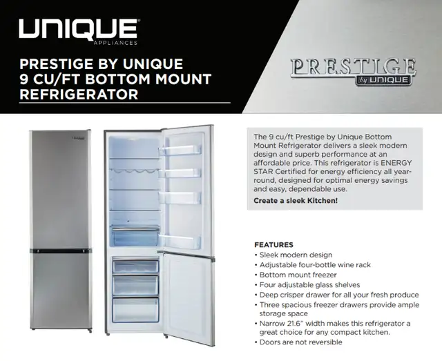REDUCED - Unique Prestige 22in. Counter Depth Fridge62864745937795123