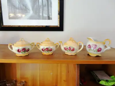 Selling an Antique 4 Piece matching Tiny Old Cottage Style Ceramic China Pottery Tea Set From Czecho...