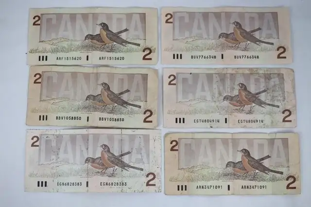MORE RETIRED OLD CANADA PAPER MONEY - 6 TWWO DOLLAR BILLS 1986 in Arts & Collectibles in Mississauga / Peel Region - Image 6