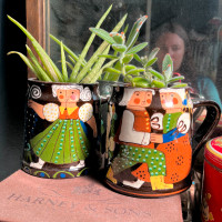 Aloe and Kalanchoe Succulents in Vintage Bauernkeramik Mugs