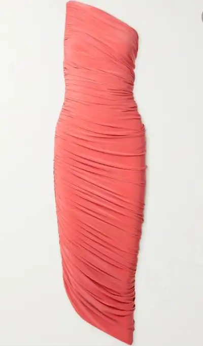 Norma Kamali Diana one shoulder rouched gown, asymmetrical neckline Papaya colour, size XL/42 New wi...