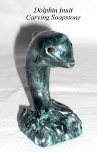 Inuit soapstone carving, jumping Dolphin, green,