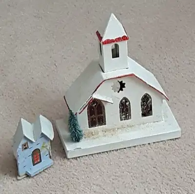 VINTAGE CARDBOARD PUTZ CHRISTMAS DECORATION CHURCH & MANSE JAPAN, View more
