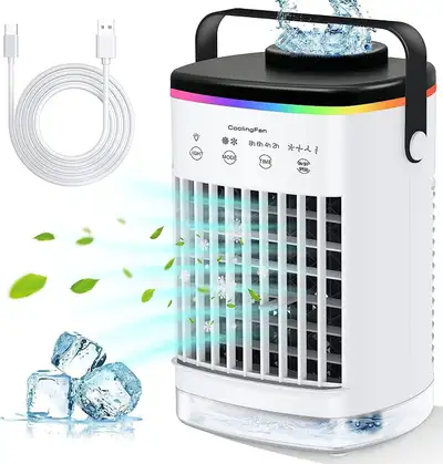 NEW Cooling Fan Mini Air Conditioner Portable, 4 Wind Speed & 7 LED Light, 2 Cool Air Spray & 2-8H T...