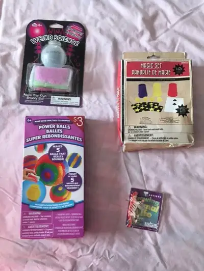 Assorted children's sets include: Bouncy ball making kits (2 different sets) Magic Set Growing Tiger...