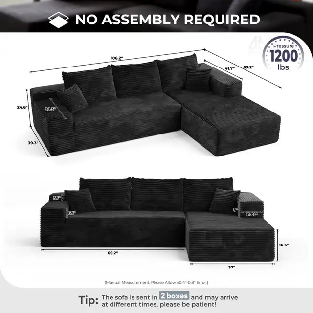 106" Cloud Sectional Couch,l Shaped Modular Modern Sofa64683913561730123