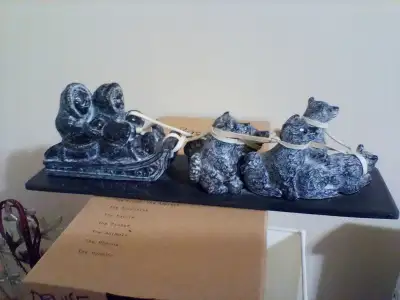 Vintage Edmund Wolf Eskimo Inuit Dog Sled Soap stone Sculpture Very good Condition// about 13in long...