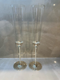 2 KATE SPADE GRACE AVE CRYSTAL & SILVER PLATE CHAMPAGNE FLUTES 