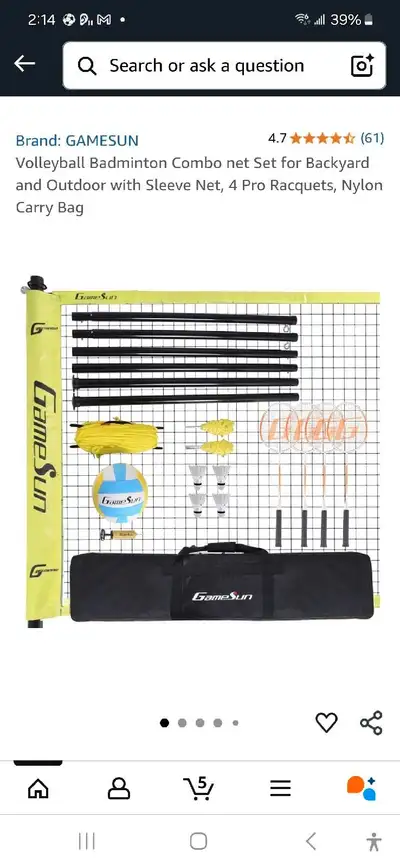 Gamesun volleyball badminton combo net set for backyard and outdoor with sleeve net racquets include...
