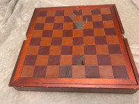 Vintage Wooden Leather Top CHESS BACKGAMMON SET Solid Wood