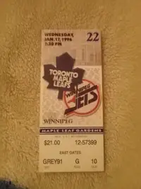 Maple Leaf Gardens Ticket (Winnipeg vs. Toronto, Jan. 17/96).