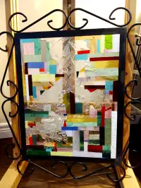 UNIQUE broken glass art ABSTRACT CONTEMPORARY wrought iron frame