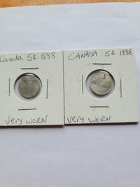 Canada 1888 Silver Nickels- 2 coins-very well used